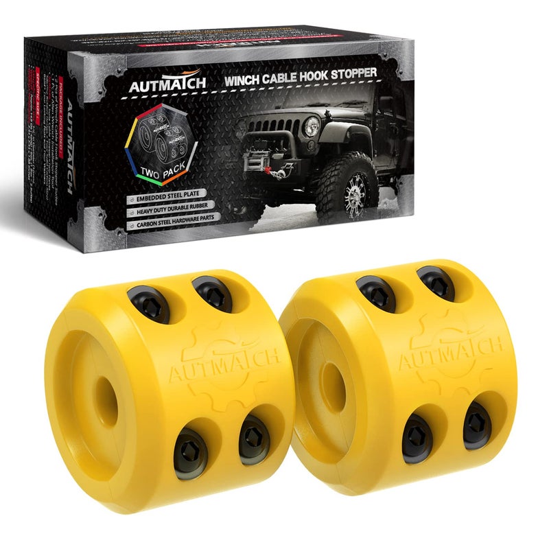 AUTMATCH Winch Cable Hook Stopper (2 Pack)  Silicone Rubber Winch Stopper for Wire & Synthetic Rope  Winch Line ATV UTV  Shock Absorbent  Prevent Pulling Bounce and Abrasion  Yellow - Image 1